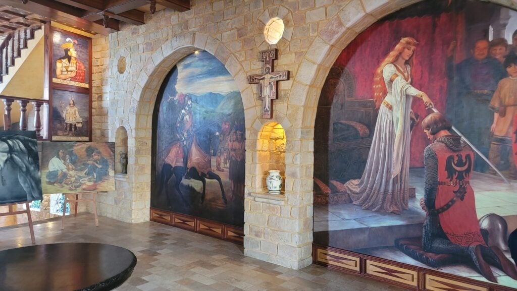 Painted murals inside the castle in Lamas, Peru